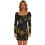 Gold Teal Snowflakes Gold Abstract Christmas Long Sleeve Square Neck Bodycon Velvet Dress