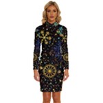 Gold Teal Snowflakes Gold Abstract Christmas Long Sleeve Shirt Collar Bodycon Dress