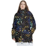 Gold Teal Snowflakes Gold Abstract Christmas Women s Multi Pockets Zip Ski and Snowboard Waterproof Breathable Jacket