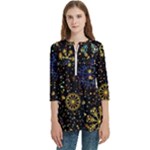 Gold Teal Snowflakes Gold Abstract Christmas Women s Zip Front V-Neck 3/4 Sleeve Casual Top Pocket Shirt