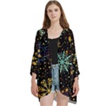 Gold Teal Snowflakes Gold Abstract Christmas Open Front 3/4 Sleeve Batwing Chiffon Cardigan Kimono