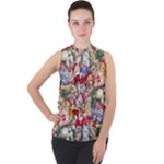 Pattern Kitten Christmas Mock Neck Chiffon Sleeveless Top