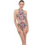 Pattern Kitten Christmas Halter Side Cut Swimsuit