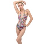 Pattern Kitten Christmas Plunging Cut Out Swimsuit