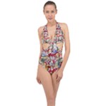 Pattern Kitten Christmas Halter Front Plunge Swimsuit