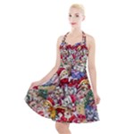 Pattern Kitten Christmas Halter Party Swing Dress 