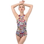 Pattern Kitten Christmas Cross Front Low Back Swimsuit