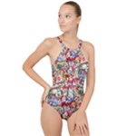 Pattern Kitten Christmas High Neck One Piece Swimsuit