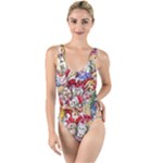 Pattern Kitten Christmas High Leg Strappy Swimsuit