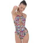 Pattern Kitten Christmas Plunge Cut Halter Swimsuit