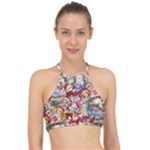 Pattern Kitten Christmas Halter Bikini Top