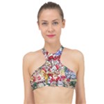 Pattern Kitten Christmas High Neck Bikini Top