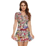 Pattern Kitten Christmas V-Neck High Waist Chiffon Mini Dress