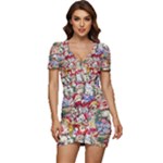 Pattern Kitten Christmas Low Cut Cap Sleeve Mini Dress