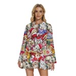 Pattern Kitten Christmas Round Neck Long Sleeve Bohemian Style Chiffon Mini Dress