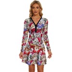 Pattern Kitten Christmas Long Sleeve Deep V Mini Dress 