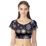 Shiny Winter Snowflake Abstract Christmas Cold Crystal December Short Sleeve Crop Top