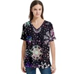 Shiny Winter Snowflake Abstract Christmas Cold Crystal December V-Neck Split Shoulder Casual T-Shirt