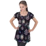 Shiny Winter Snowflake Abstract Christmas Cold Crystal December Puff Sleeve Tunic Top