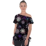 Shiny Winter Snowflake Abstract Christmas Cold Crystal December Off Shoulder Tie-Up T-Shirt