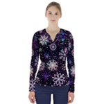 Shiny Winter Snowflake Abstract Christmas Cold Crystal December V-Neck Long Sleeve Top