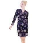 Shiny Winter Snowflake Abstract Christmas Cold Crystal December Button Long Sleeve Dress