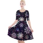 Shiny Winter Snowflake Abstract Christmas Cold Crystal December Quarter Sleeve A-Line Dress With Pockets