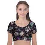 Shiny Winter Snowflake Abstract Christmas Cold Crystal December Velvet Short Sleeve Crop Top 