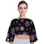 Shiny Winter Snowflake Abstract Christmas Cold Crystal December Tie Back Butterfly Sleeve Chiffon Top