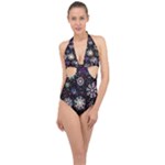 Shiny Winter Snowflake Abstract Christmas Cold Crystal December Halter Front Plunge Swimsuit