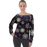 Shiny Winter Snowflake Abstract Christmas Cold Crystal December Off Shoulder Long Sleeve Velour Top