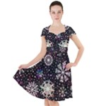 Shiny Winter Snowflake Abstract Christmas Cold Crystal December Cap Sleeve Midi Dress With Pockets