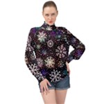 Shiny Winter Snowflake Abstract Christmas Cold Crystal December High Neck Long Sleeve Chiffon Top