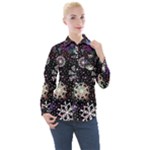 Shiny Winter Snowflake Abstract Christmas Cold Crystal December Women s Long Sleeve Pocket Shirt