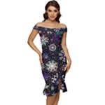 Shiny Winter Snowflake Abstract Christmas Cold Crystal December Off Shoulder Ruffle Split Hem Bodycon Dress