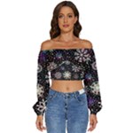 Shiny Winter Snowflake Abstract Christmas Cold Crystal December Long Sleeve Crinkled Weave Crop Top