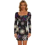 Shiny Winter Snowflake Abstract Christmas Cold Crystal December Long Sleeve Square Neck Bodycon Velvet Dress