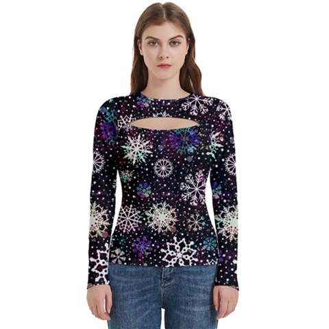 Shiny Winter Snowflake Abstract Christmas Cold Crystal December Women s Cut Out Long Sleeve T