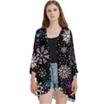 Shiny Winter Snowflake Abstract Christmas Cold Crystal December Open Front 3/4 Sleeve Batwing Chiffon Cardigan Kimono