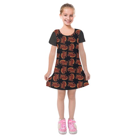 Fantasy skeleton dragon hand drawn motif pattern Kids  Short Sleeve Velvet Dress from ArtsNow.com