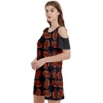 Fantasy skeleton dragon hand drawn motif pattern Women s Cold Shoulder Round Neck Mini Dress