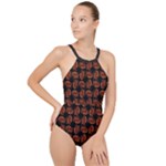 Fantasy skeleton dragon hand drawn motif pattern High Neck One Piece Swimsuit