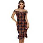 Fantasy skeleton dragon hand drawn motif pattern Off Shoulder Ruffle Split Hem Bodycon Dress