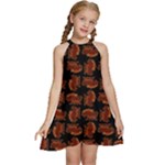 Fantasy skeleton dragon hand drawn motif pattern Kids  Halter Collar Waist Tie Chiffon Dress