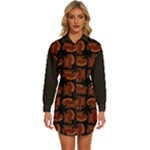 Fantasy skeleton dragon hand drawn motif pattern Womens Long Sleeve Shirt Dress