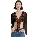 Fantasy skeleton dragon hand drawn motif pattern Trumpet Sleeve Cropped Top