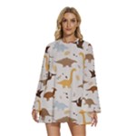 Seamless Dino Pattern Round Neck Long Sleeve Bohemian Style Chiffon Mini Dress