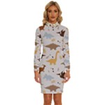 Seamless Dino Pattern Long Sleeve Shirt Collar Bodycon Dress