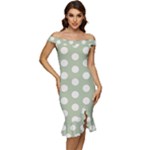 Polk Dots Seamless Pattern Off Shoulder Ruffle Split Hem Bodycon Dress