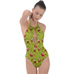 Background With Santa Claus, Christmas Decorations Plunge Cut Halter Swimsuit